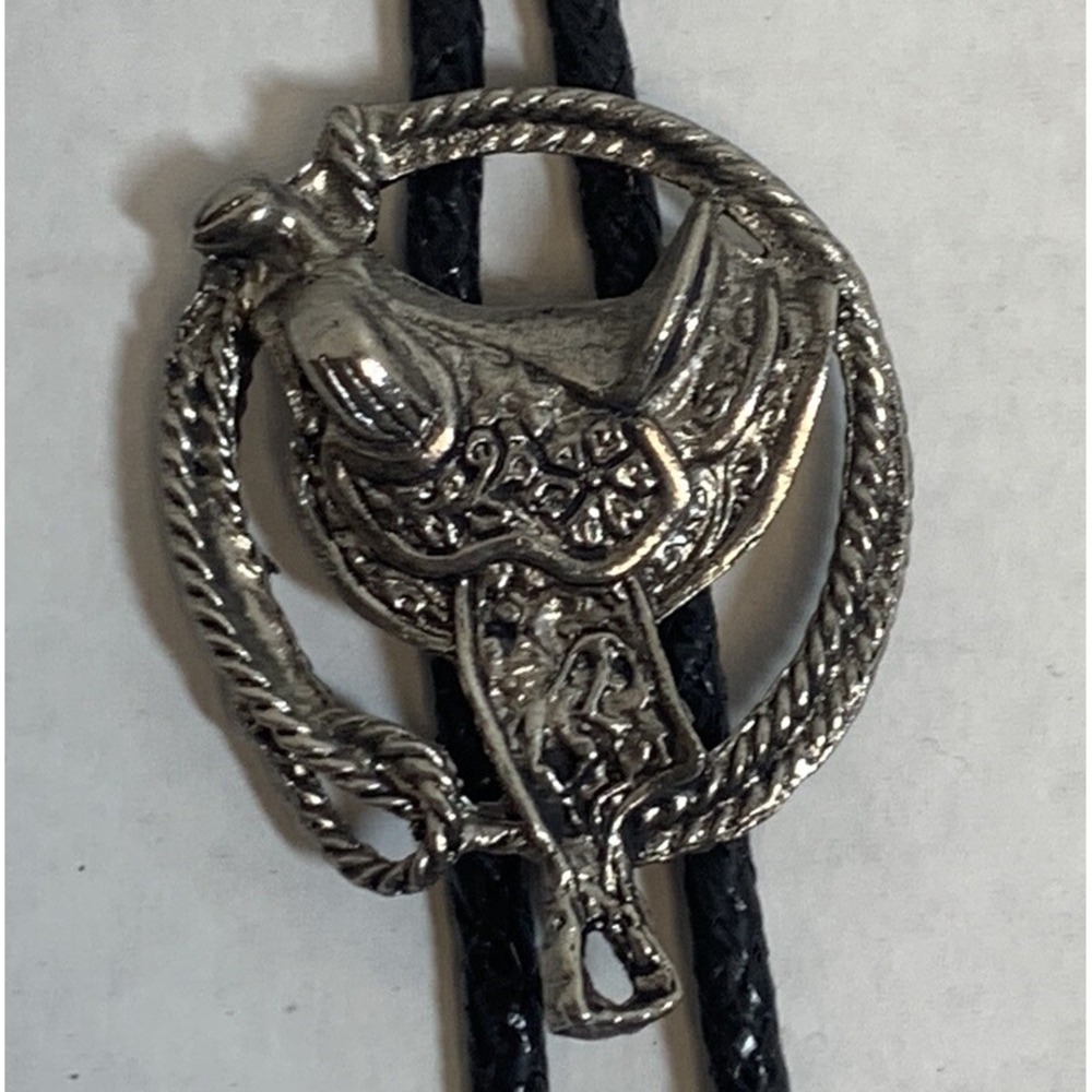 Vintage 90's Bolo Western Tie - Silver Saddle And Lasso - Leather Braid
